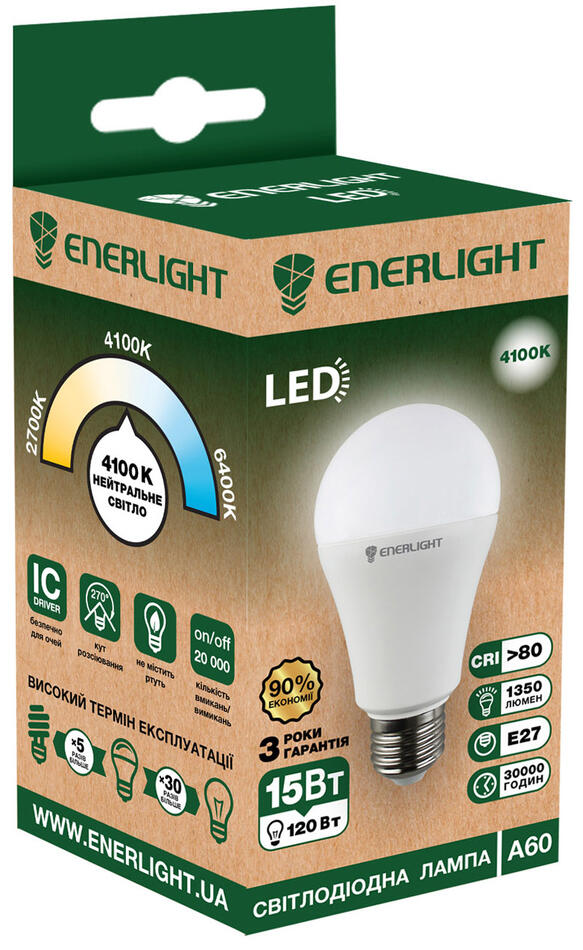 Лампа світлодіодна  ENERLIGHT А60 15Вт 4100К Е27 *1/10/100*(020)