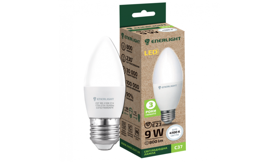 Лампа світлодіодна  ENERLIGHT С37 9Вт 4100К Е27 *1/10/100*(502)
